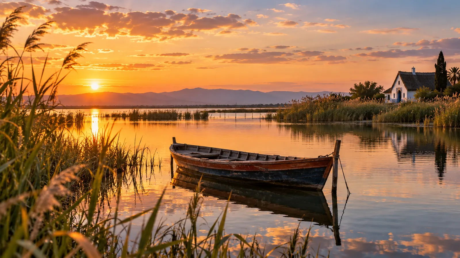 A wooden boat on the calm water of the Albufera at sunset, with reeds and a white barraca house