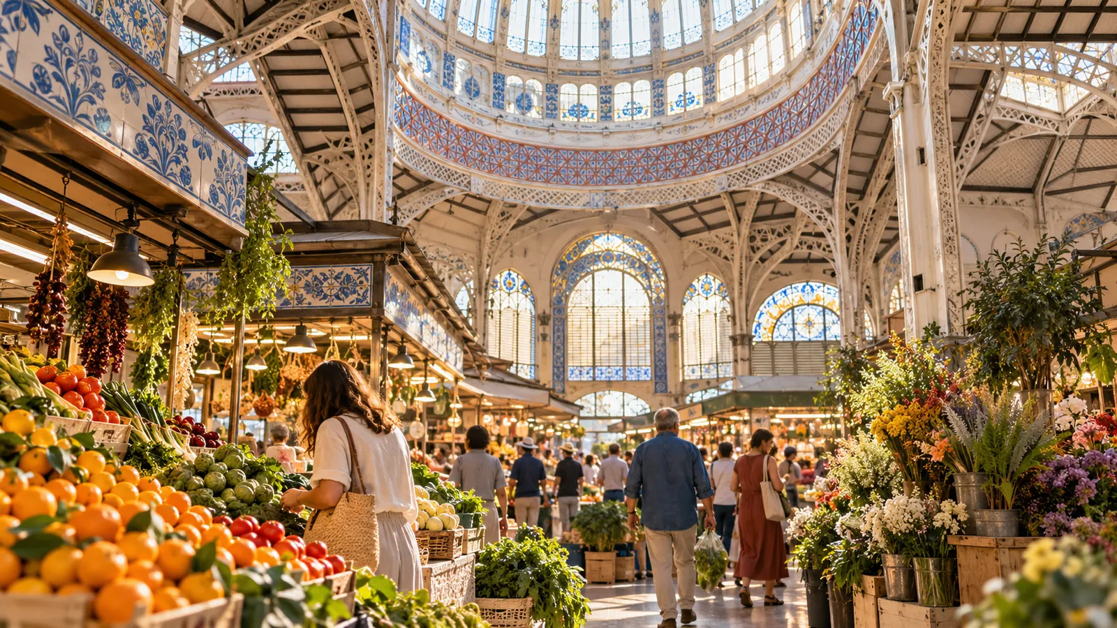 Shoppers among fruit and flower stalls under the tiled dome of a Valencian covered market