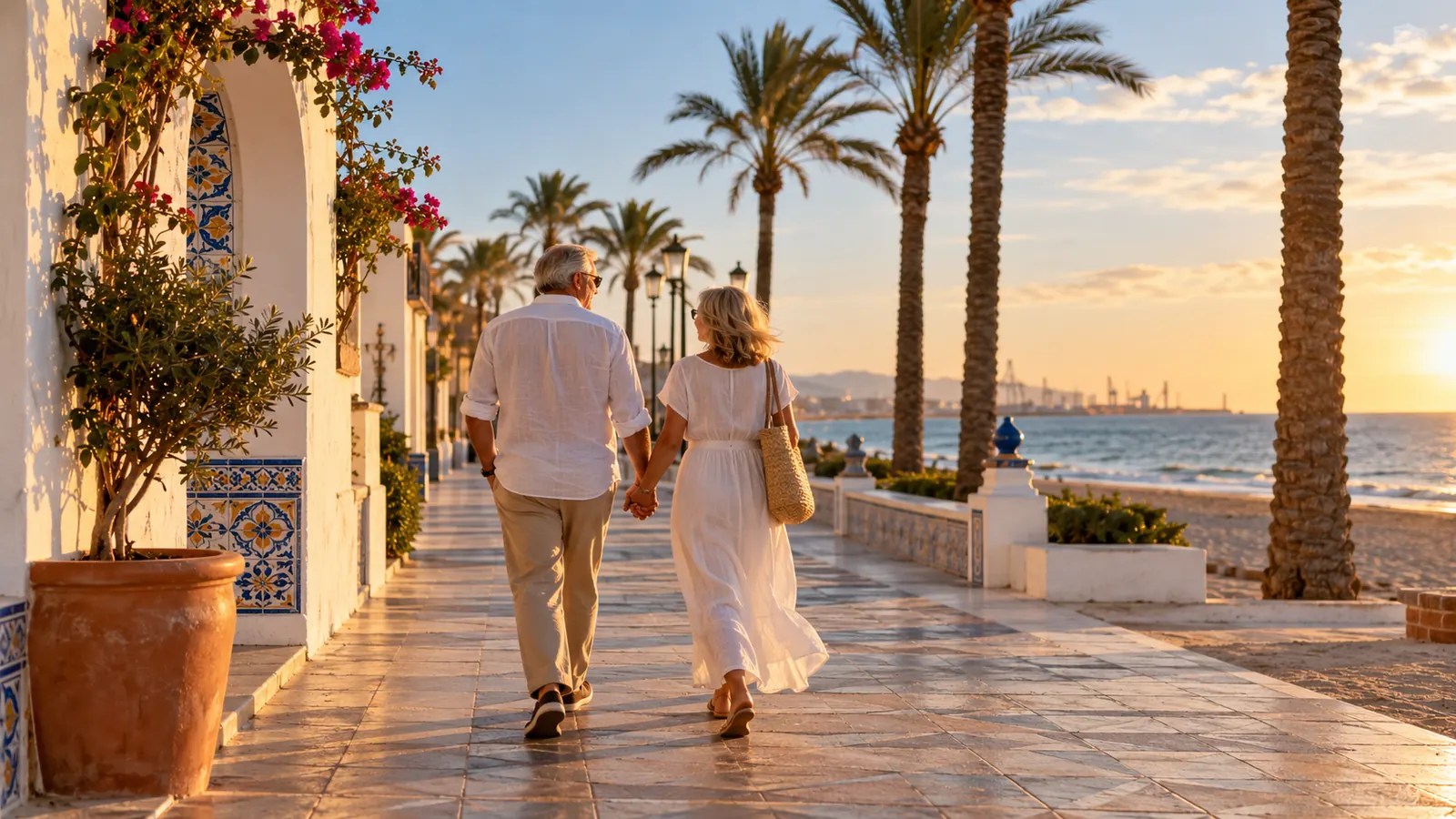 An older couple walking arm in arm along a sunny Valencian promenade lined with palm trees (illustrative image)