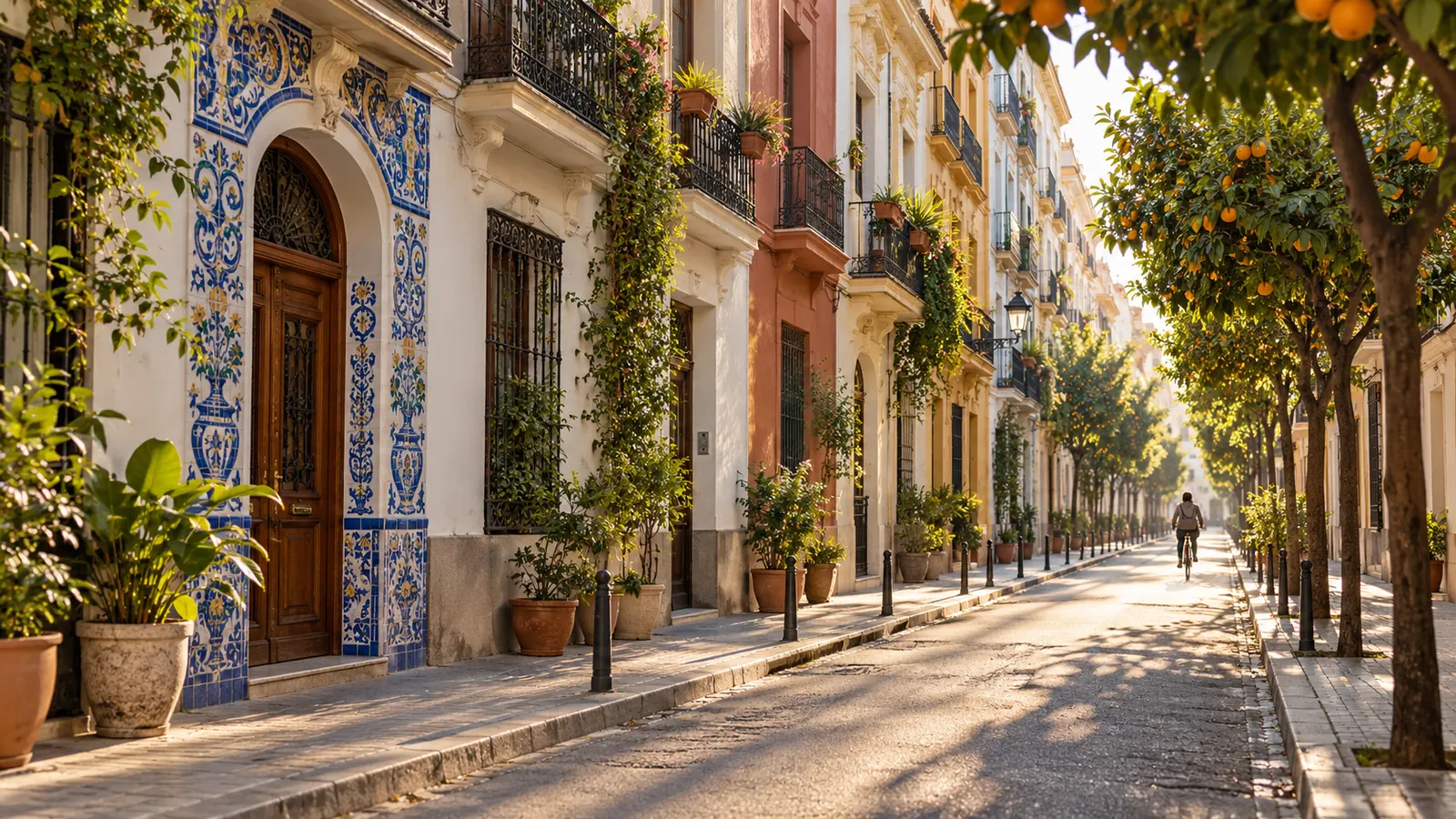 A quiet Ruzafa street with balconies and orange trees in the morning