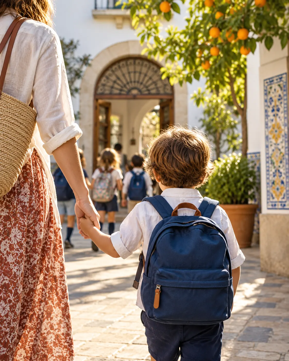 Children's school backpacks hanging by a sunny classroom door with blue tiles (illustrative image)