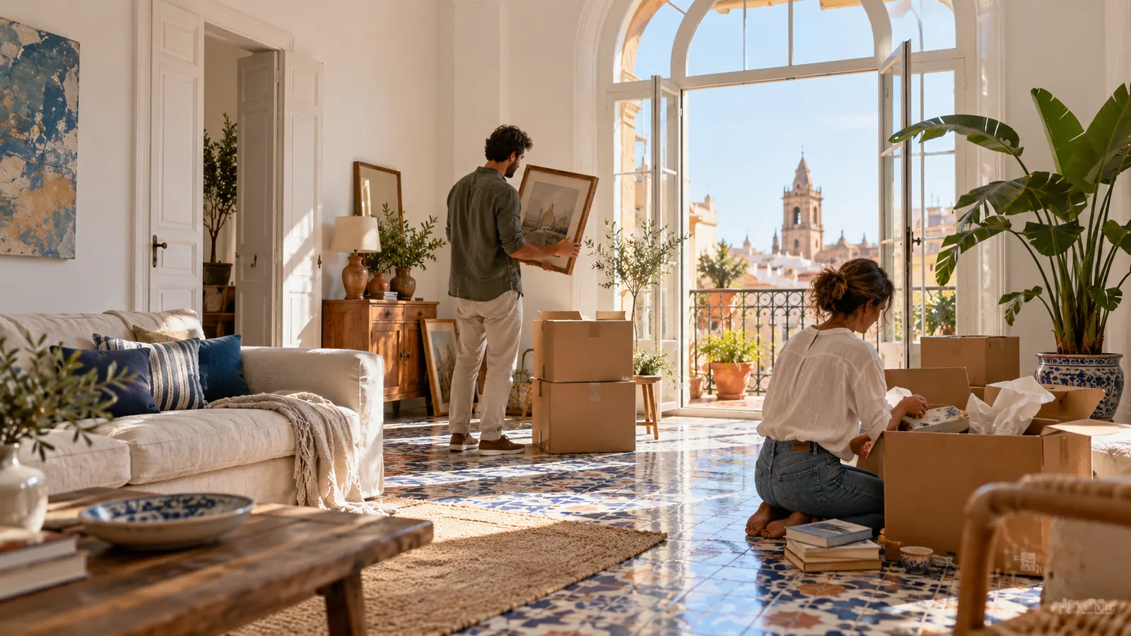 Moving boxes being unpacked in a bright living room with tiled floors